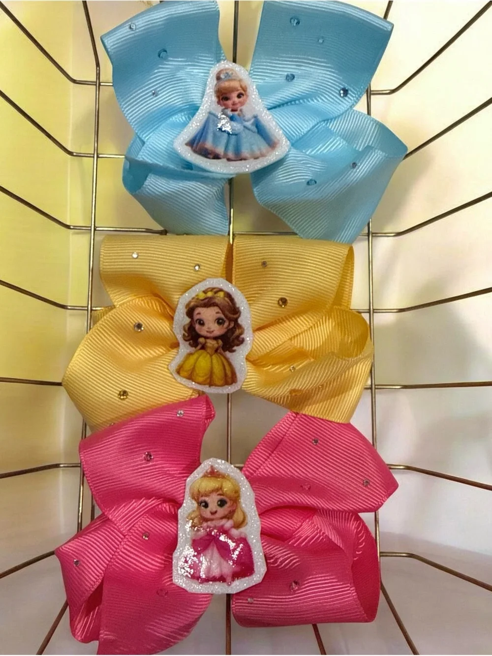 Pack of 3 Kids Princess Ribbon Hair Bows in Blue, Yellow & Pink